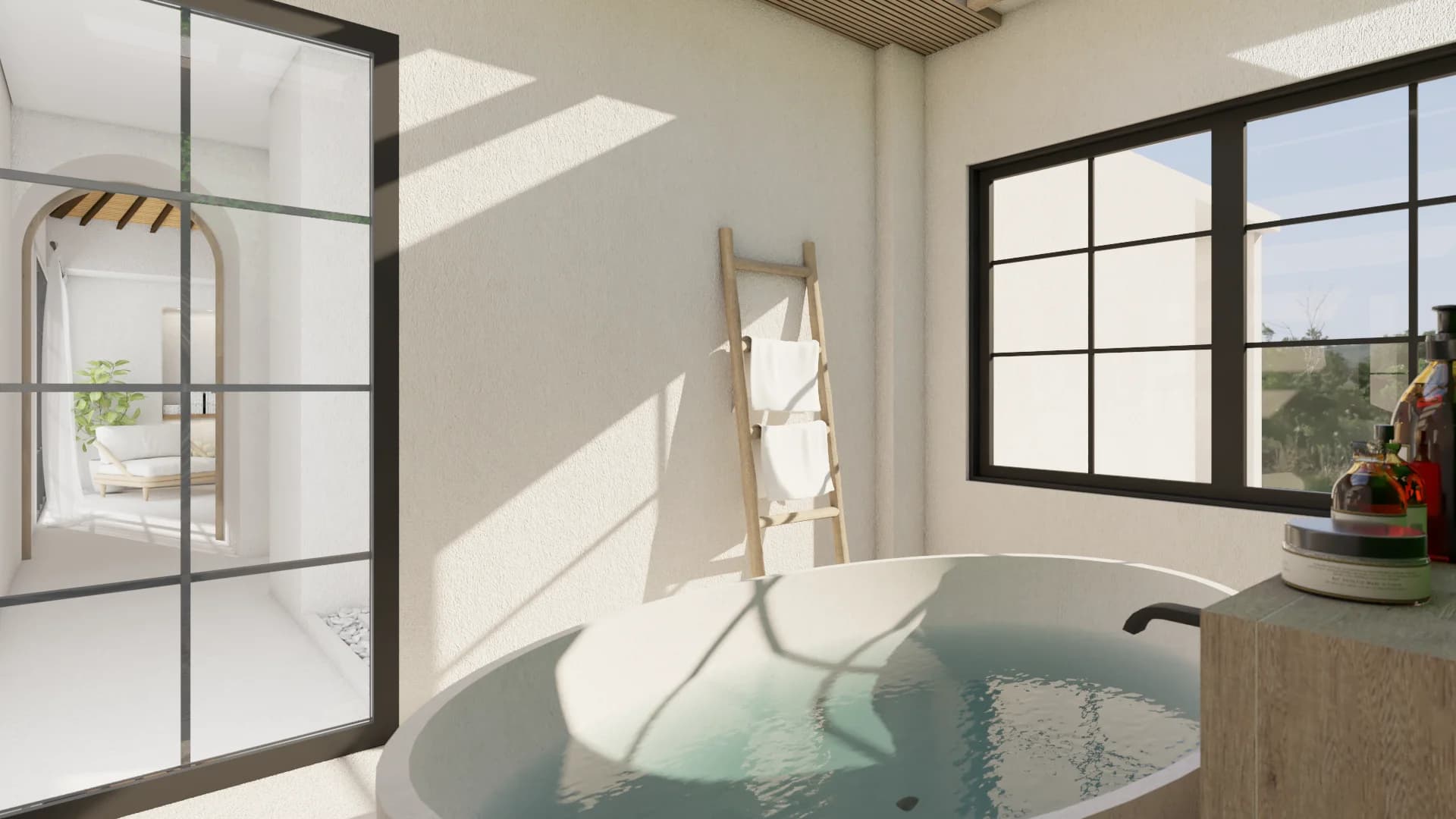 Round soaking tub with wood ladder, large window, and view through glass to bedroom