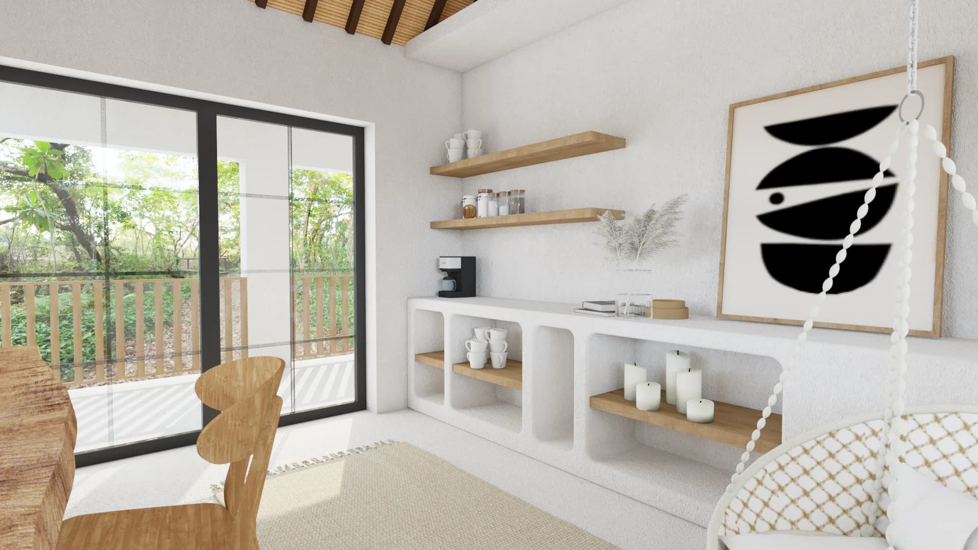 Sitting area with floating shelves, hanging swing chair, art print, and balcony door