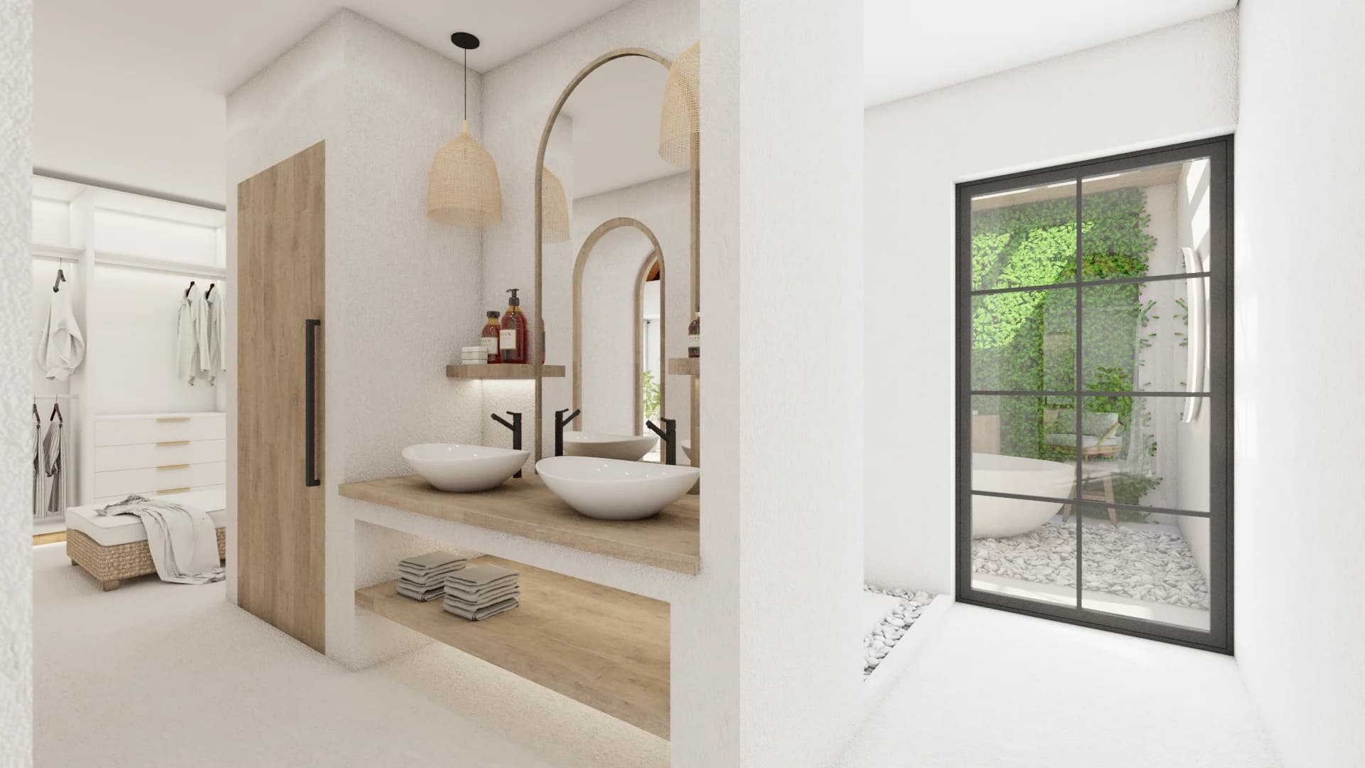 Bath vanity area with arched mirrors, double vessel sinks, and view to walk-in closet