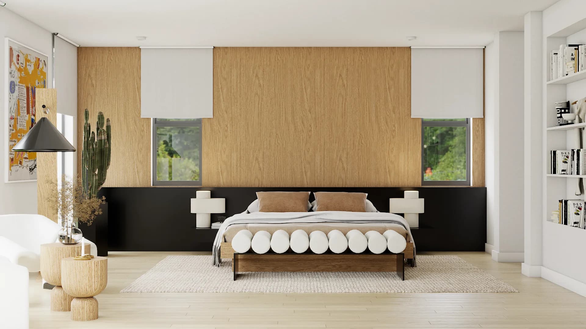 Oak panel headboard bedroom with boucle bench and bookshelves