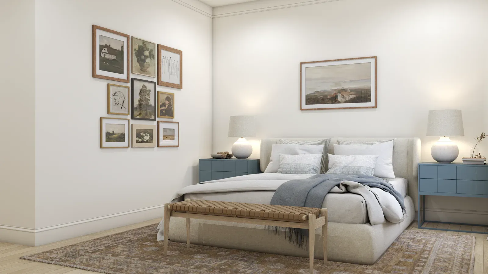 Nine-frame gallery wall with botanical prints beside upholstered bed and blue nightstands