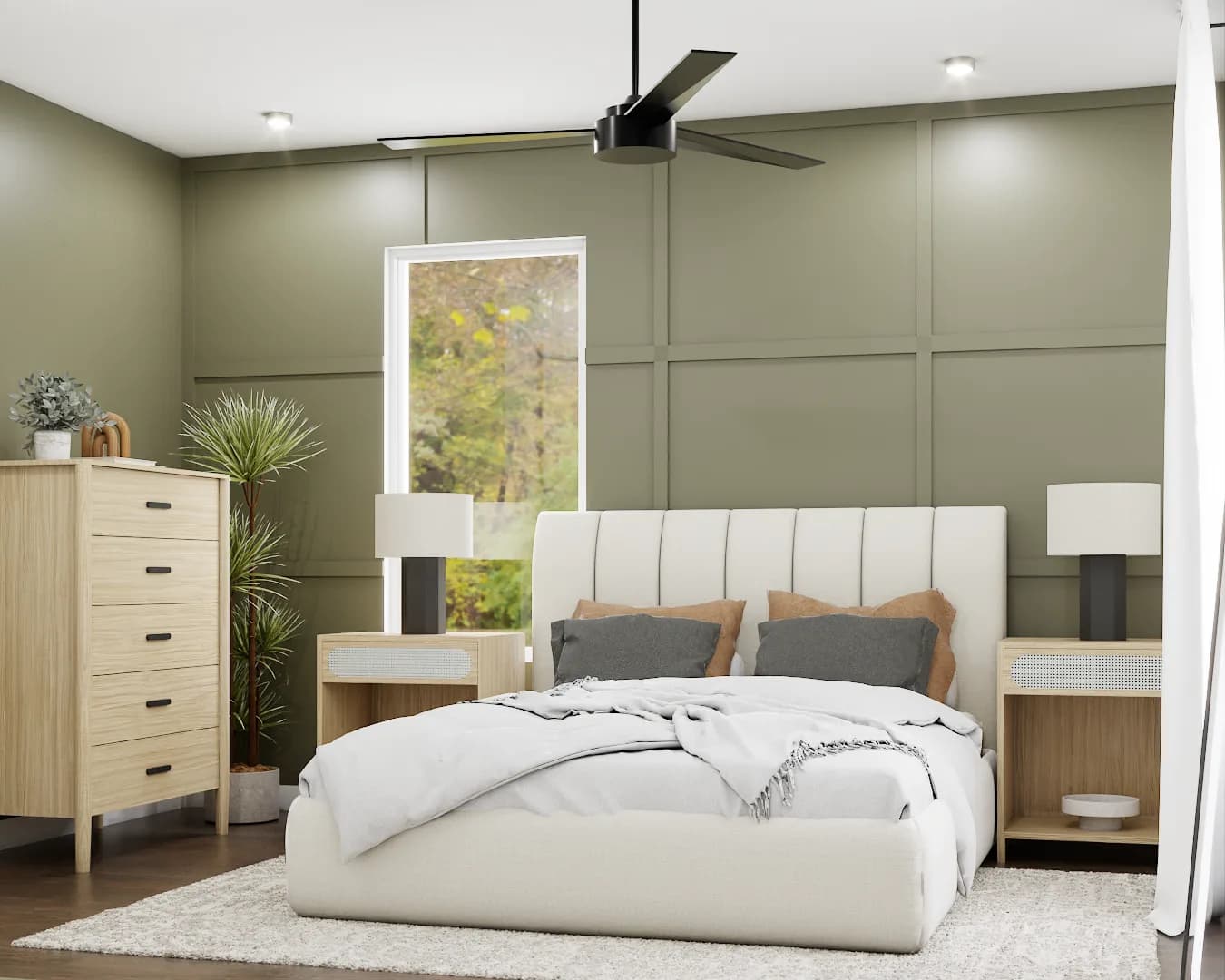 Second bedroom with sage grid panel wall, channel-tufted bed, and oak dresser in whole home