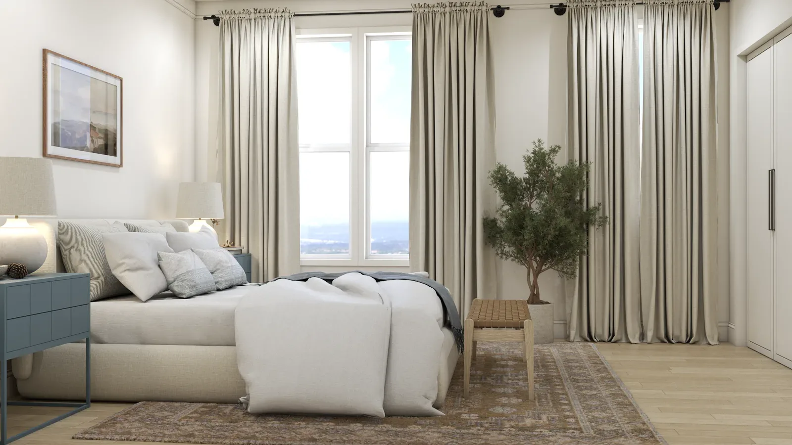 Linen curtains and tall window with olive tree and woven bench in coastal bedroom