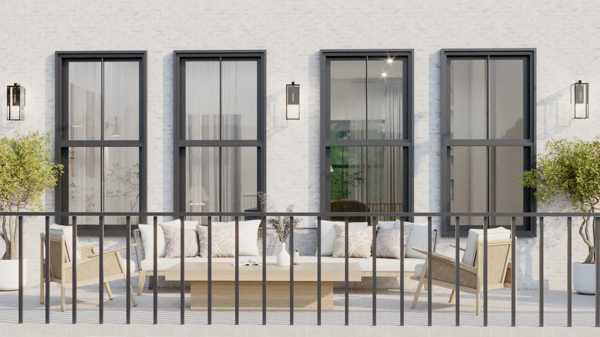 Modern terrace with black-frame windows, rattan lounge, and olive trees