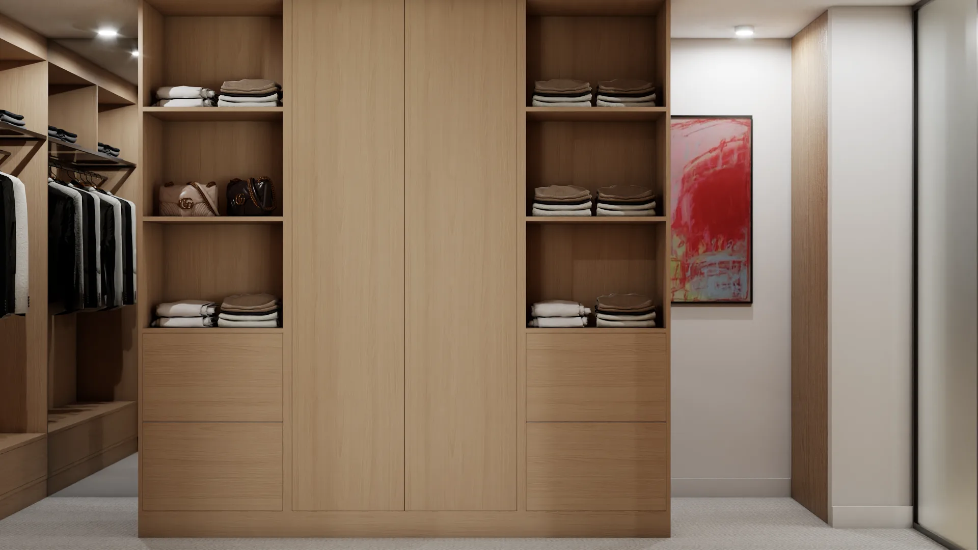 Oak walk-in closet with column divider and symmetric hanging bays