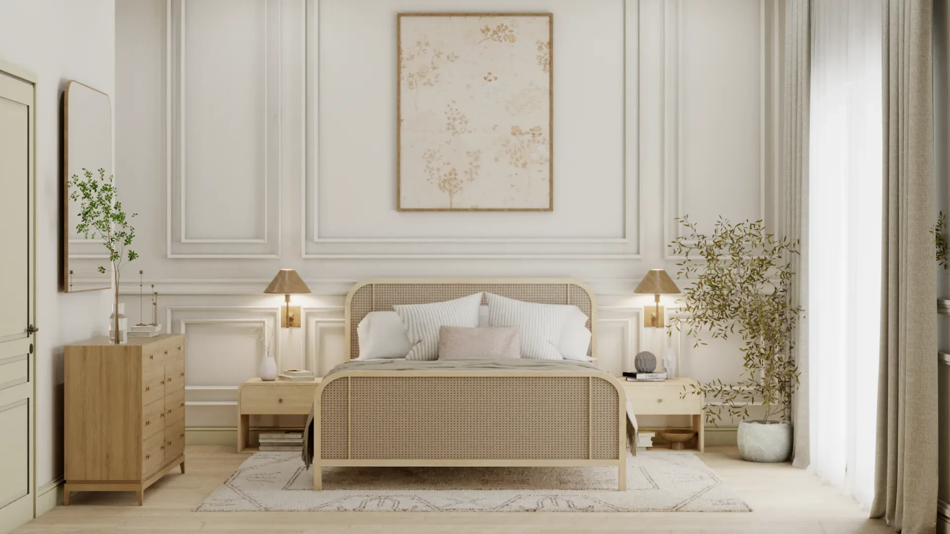 Primary bedroom with cane bed, botanical art, brass sconces, and panel molding in a custom whole home