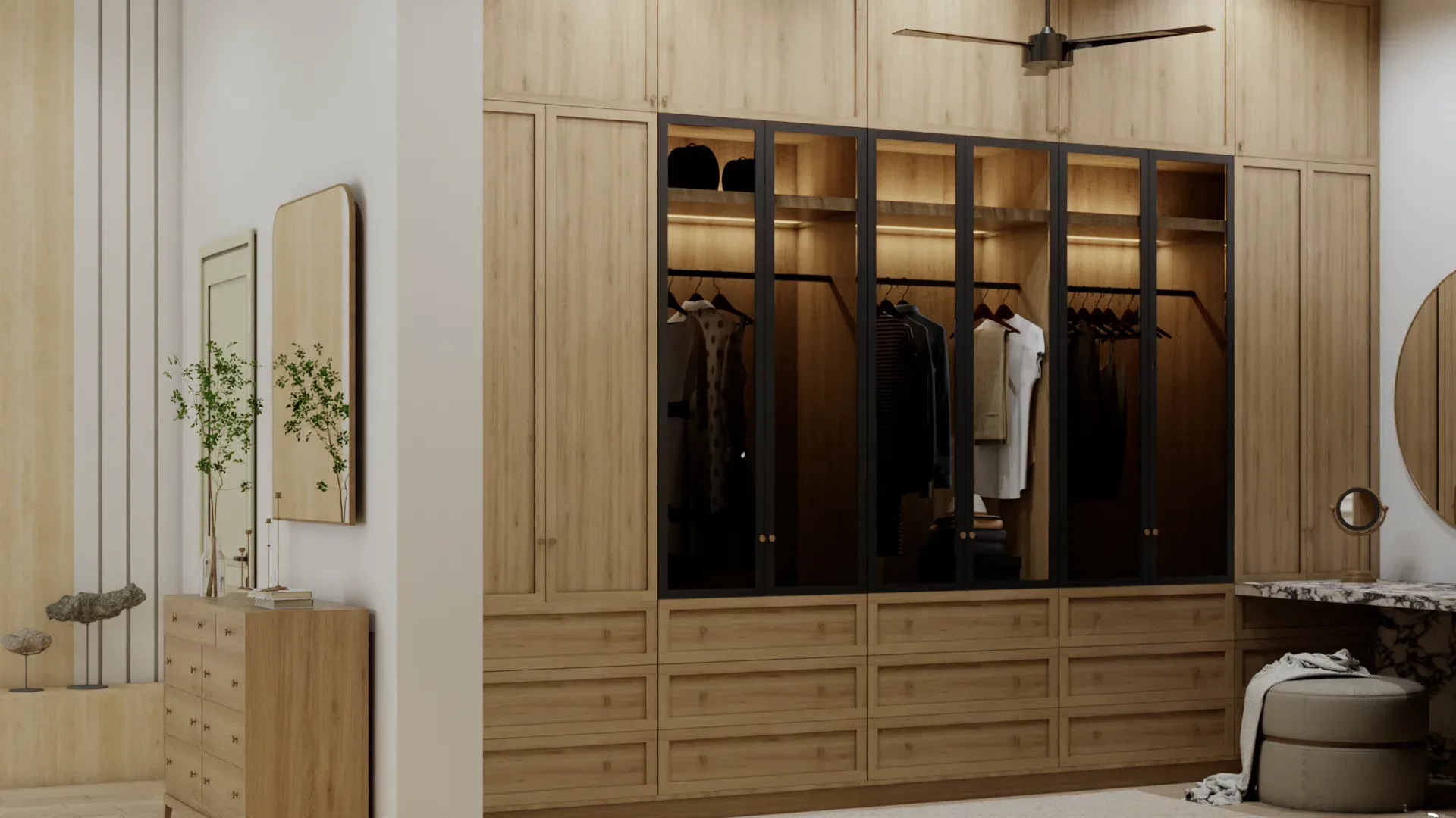 Oak walk-in closet with glass doors, marble vanity, and built-in dresser