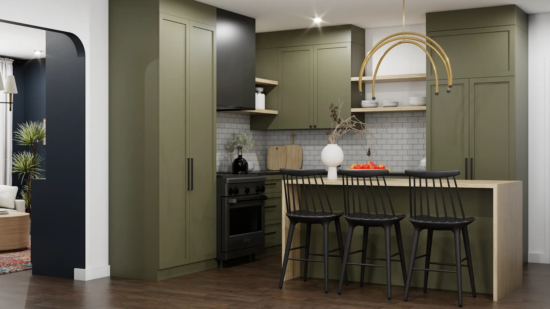 Gold arch pendant and open shelves in olive kitchen zone of transitional whole home