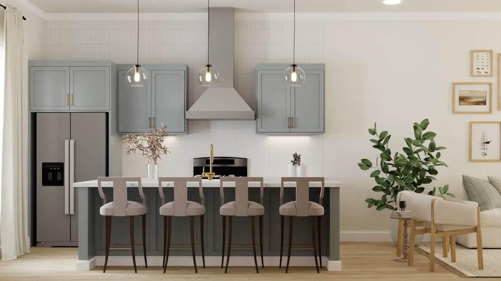 Full kitchen view with sage cabinets, range hood, and four upholstered bar stools