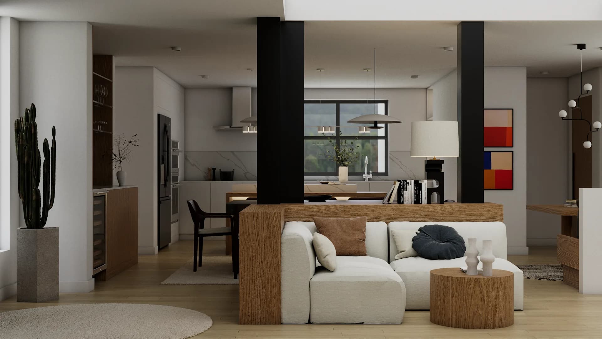 Open-plan living room with white modular sofa and twin black structural columns
