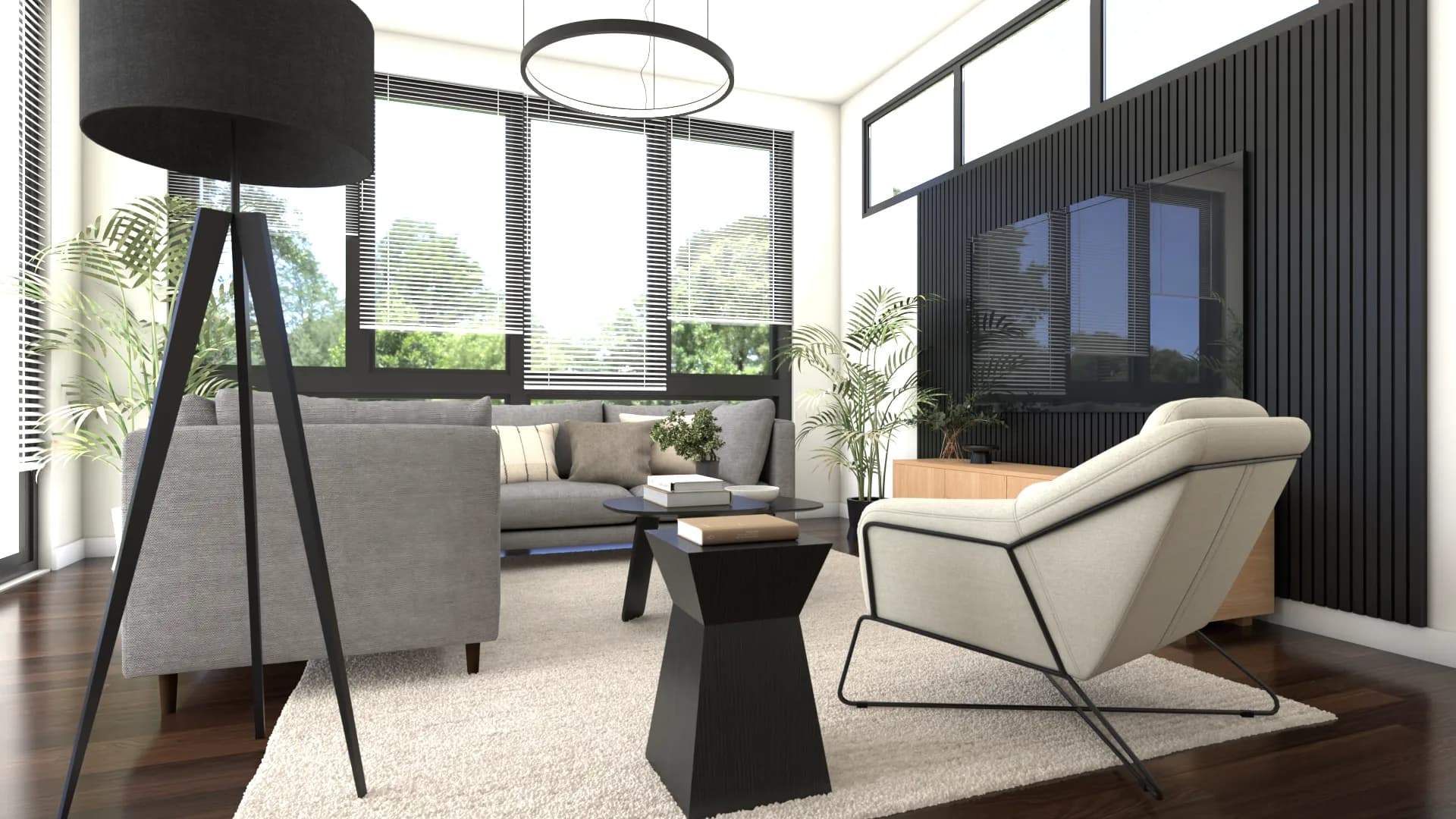 Living room full view showing concrete fireplace, walnut floating shelves, and neutral area rug