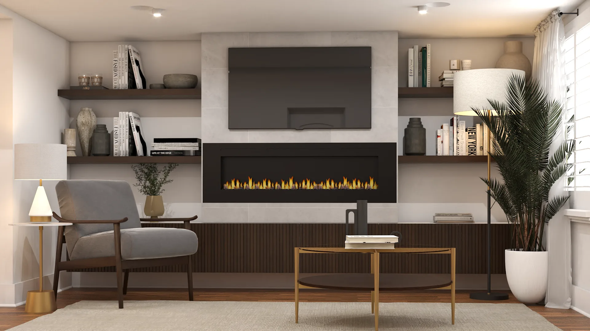 Living room full view showing concrete fireplace, walnut floating shelves, and neutral area rug