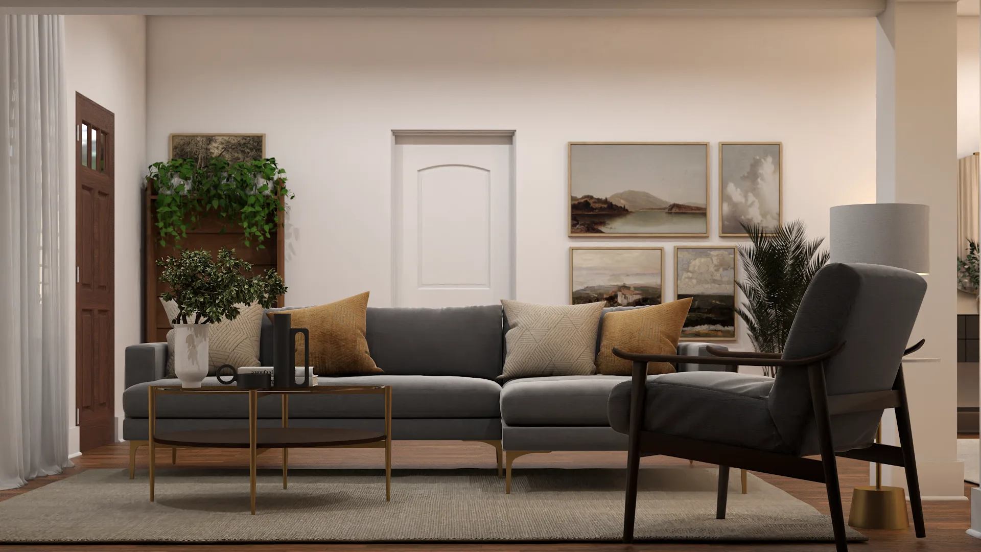 Living room sectional in warm gray facing a gallery wall of mixed-frame art prints