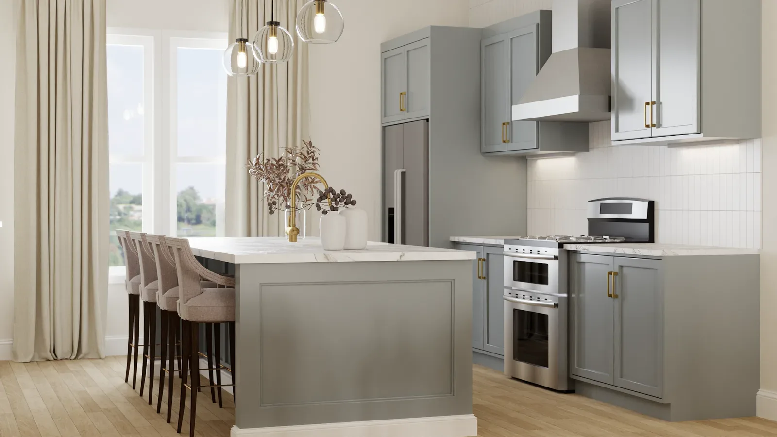 Sage shaker kitchen with marble island, glass pendants, and brass hardware in cohesive transitional home