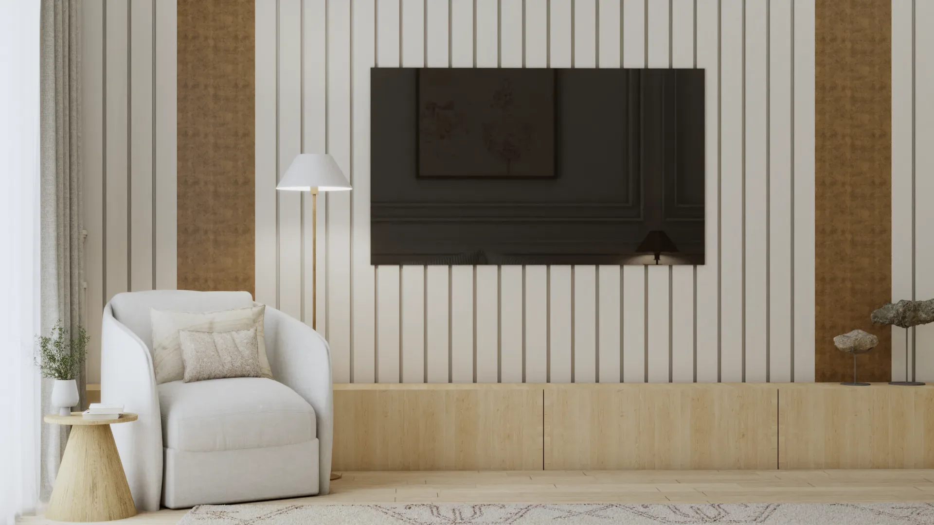 Wood slat and rattan TV wall with floating console in a custom residence media room