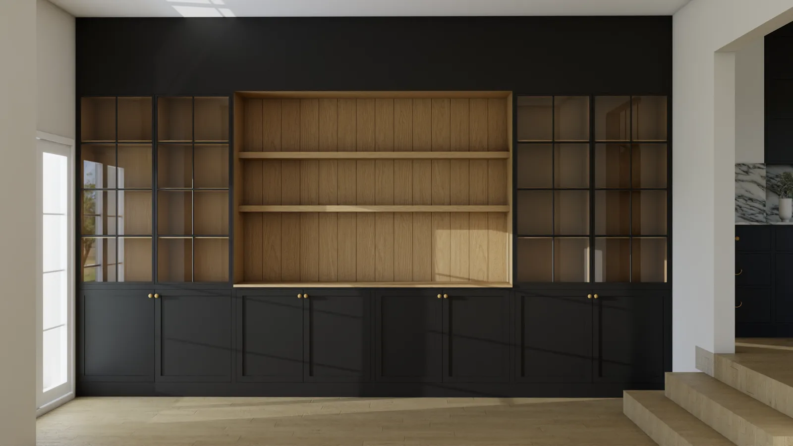 Black built-in cabinet with glass doors, oak interior shelving with styled decor, and recessed lighting