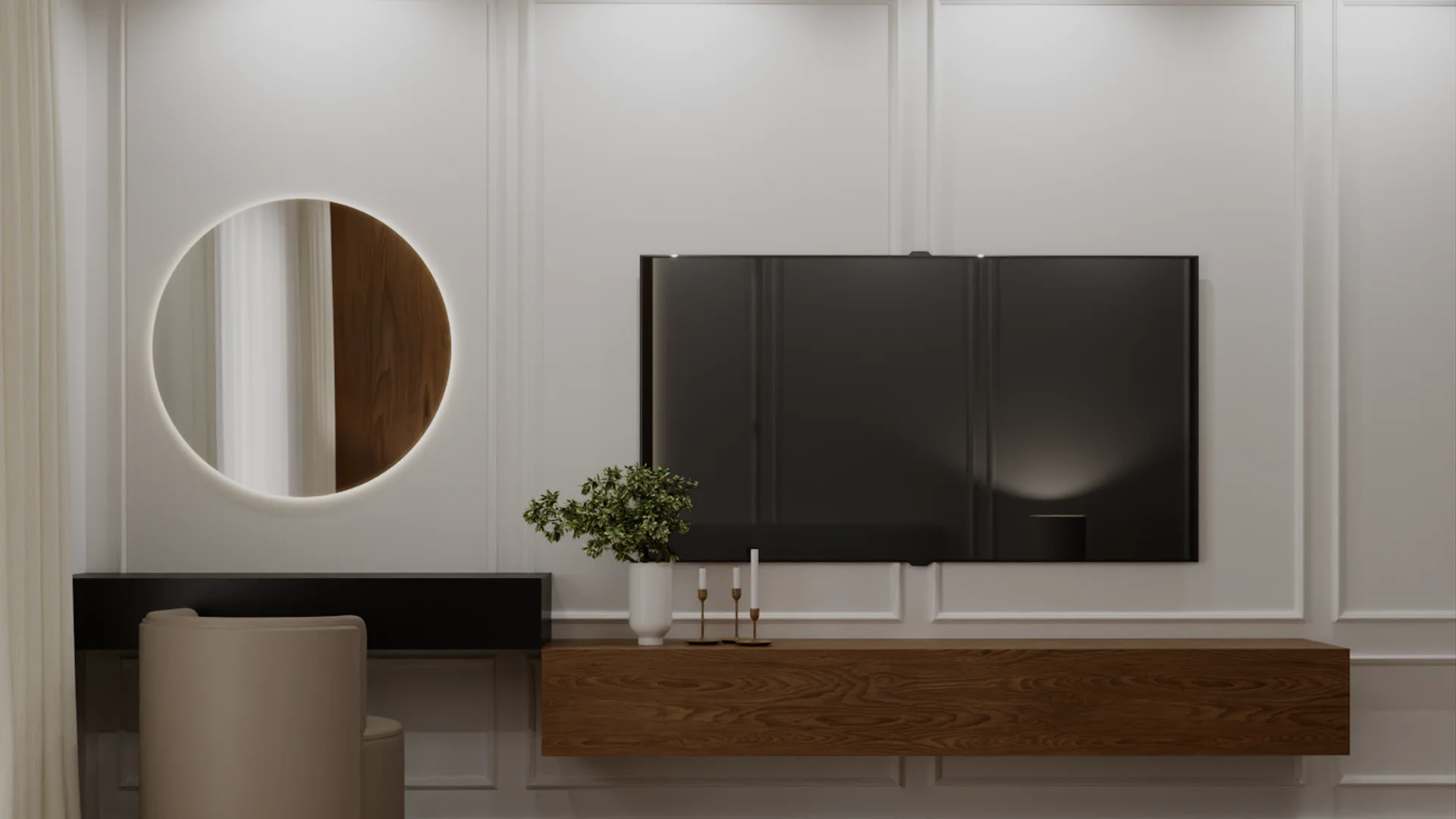 Floating walnut TV console on white panel wall with round backlit mirror and vanity