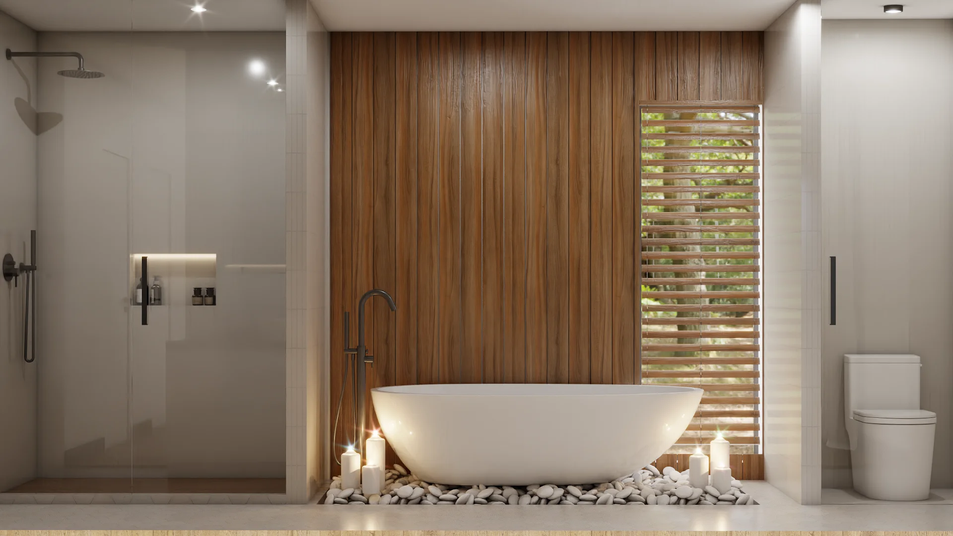Master bathroom with freestanding tub on river pebbles, walnut plank accent wall, louvered shutters, and glass shower in a Contemporary Custom Home where walnut paneling repeats across every room
