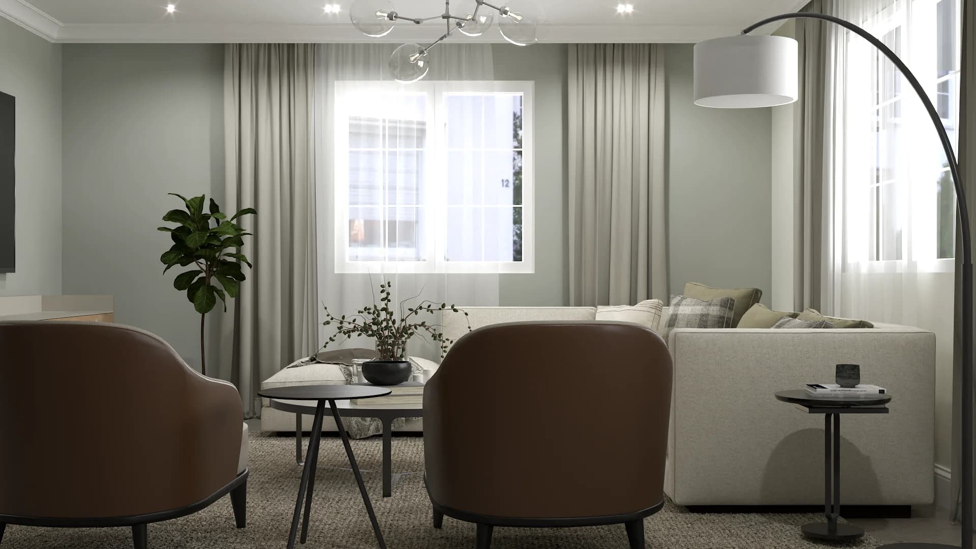 Gray living room with brown accent chairs, arc floor lamp, and linen drapes