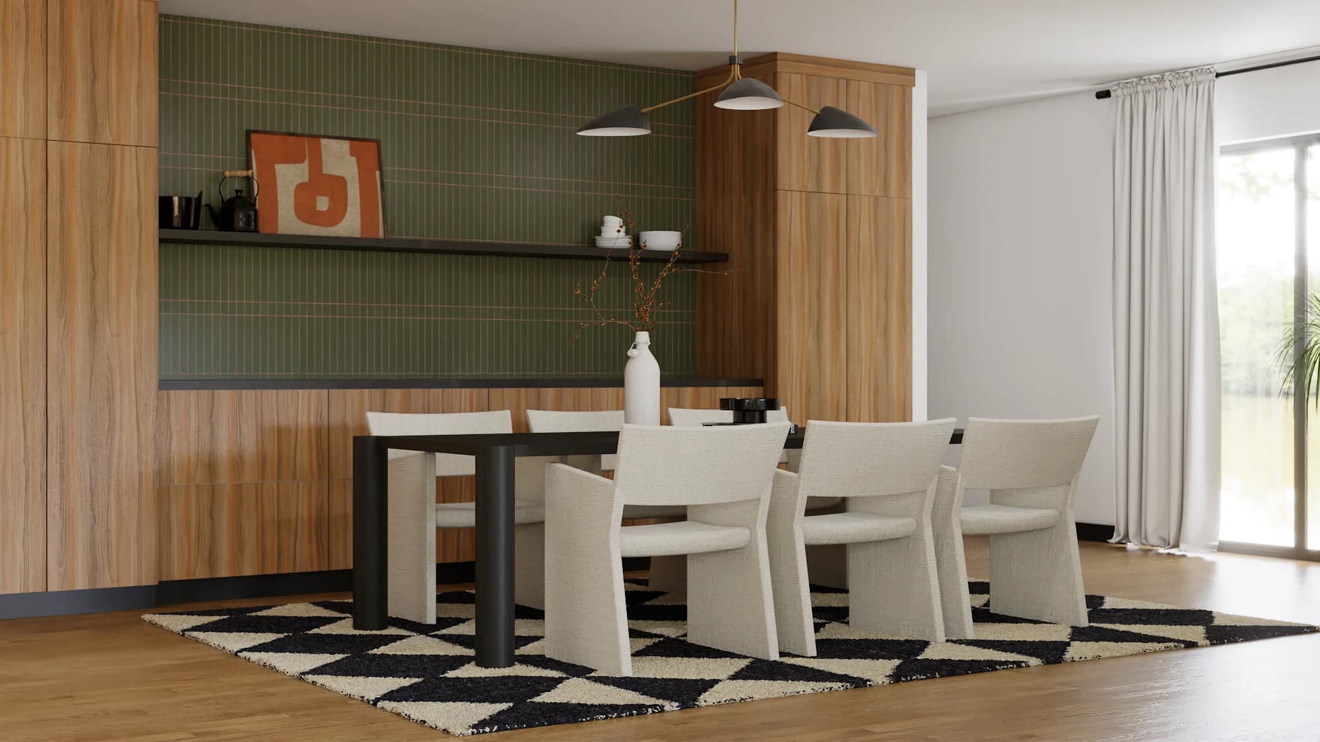 Black dining table with cream rounded chairs, green fluted tile accent wall, walnut shelves, brass pendant, and geometric rug