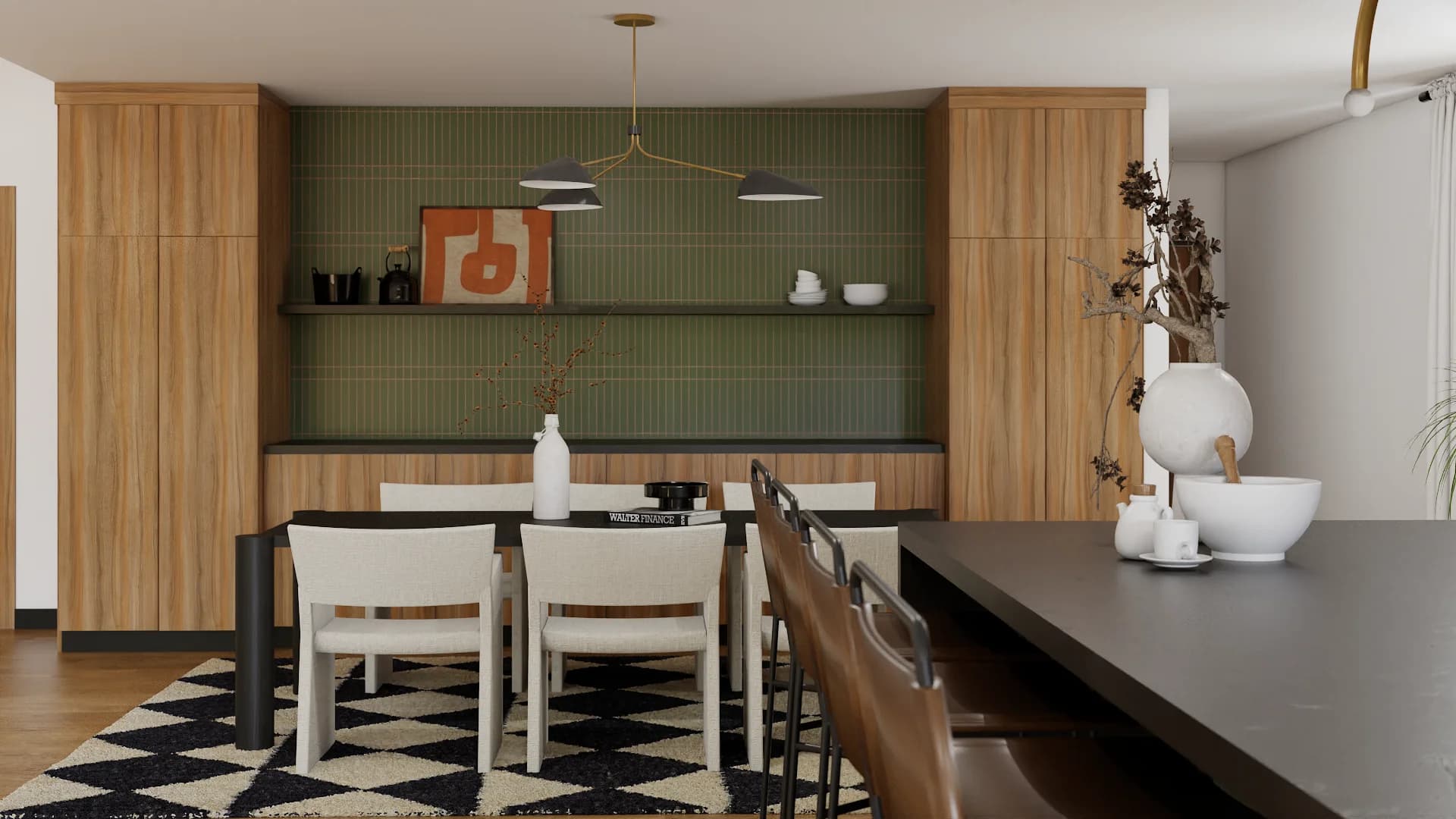 Dining room with walnut table, upholstered and leather chairs, green tile wall, walnut shelving, kilim rug, and brass pendant