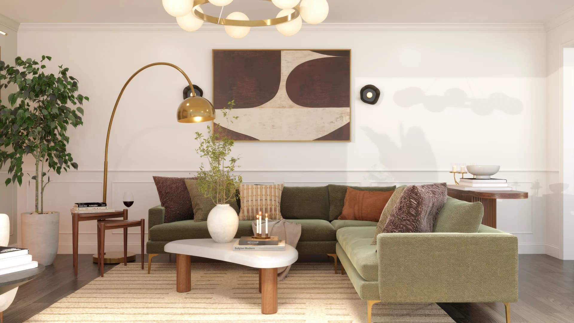 Green velvet L-shaped sectional with rust and mauve throw pillows, organic-edge white marble coffee table, brass arc floor lamp, globe multi-bulb chandelier, large abstract brown and cream canvas art, fiddle leaf fig, striped jute rug, dark hardwood floors