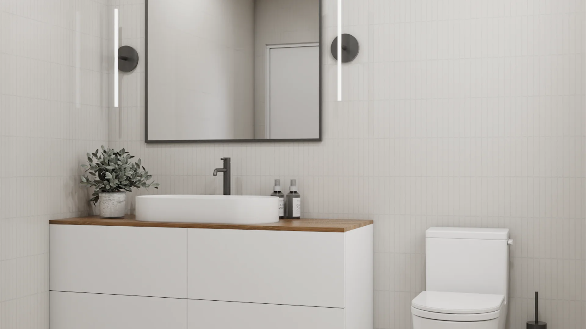 Guest bathroom with white floating vanity, oak countertop, vessel sink, black faucet, subway tile, dark mirror, and LED sconces
