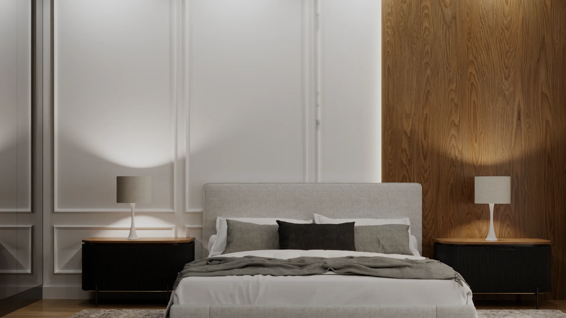 Bedroom with white wall paneling, warm wood accent panel, and black nightstands