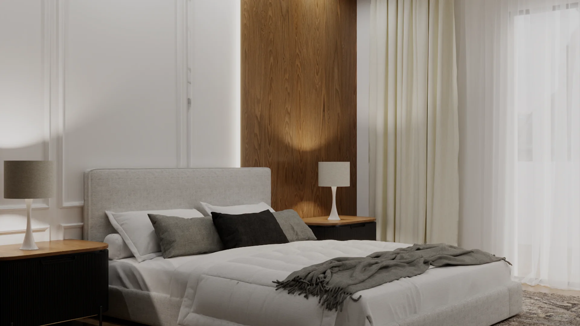 Guest bedroom with warm wood panel accent wall, upholstered bed, and sheer curtains