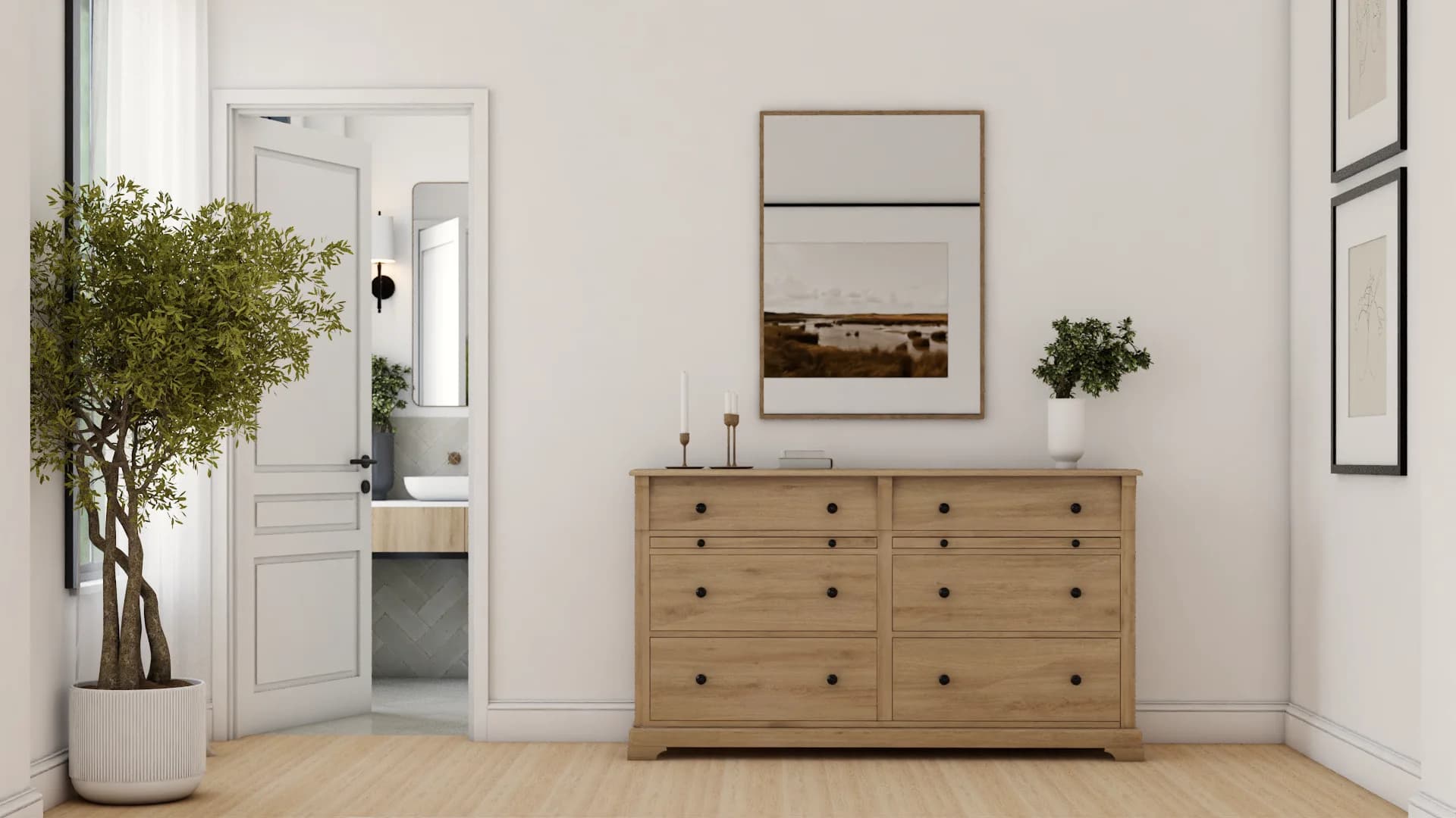 Hallway with a warm oak dresser or chest of drawers against a white painted wall, a mirror or framed art above, warm oak hardwood flooring, and a view down the corridor
