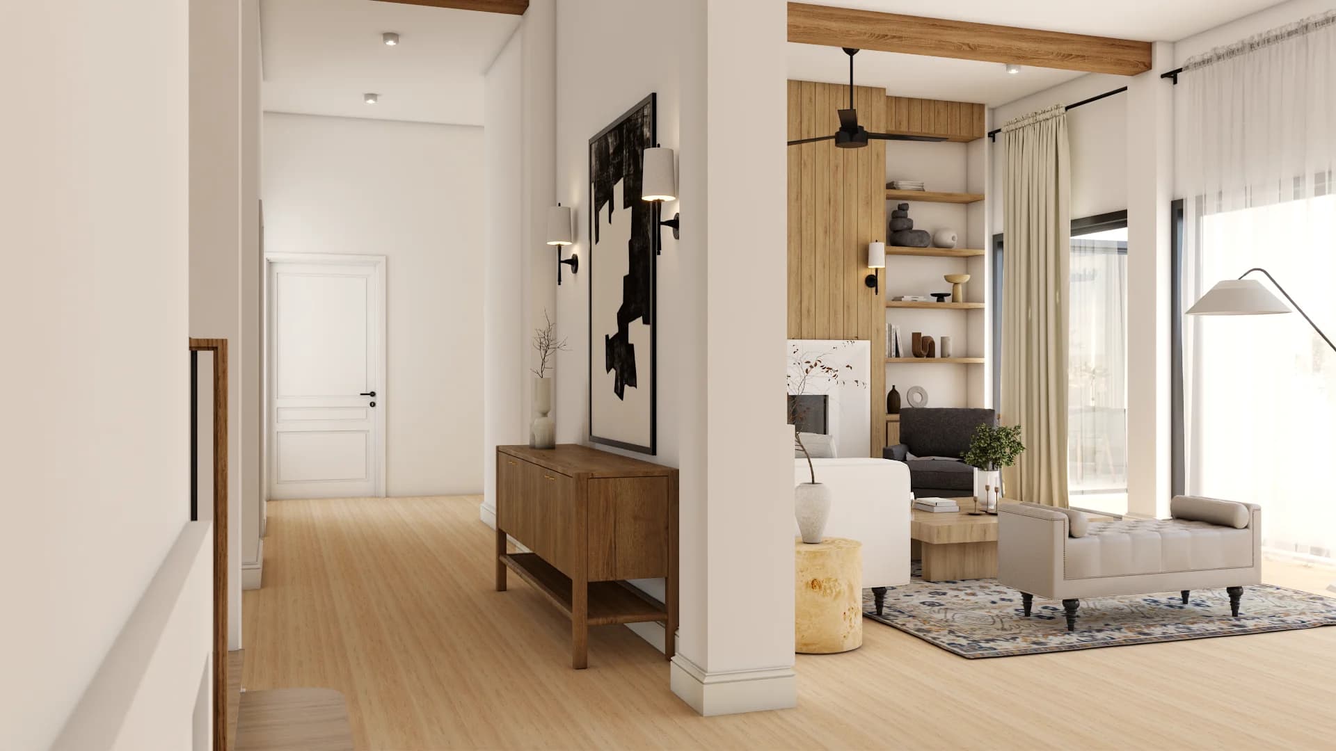 Open hallway with a walnut console table, a framed mirror above, decorative objects on the surface, warm oak hardwood flooring, white walls, and natural light from a distant window