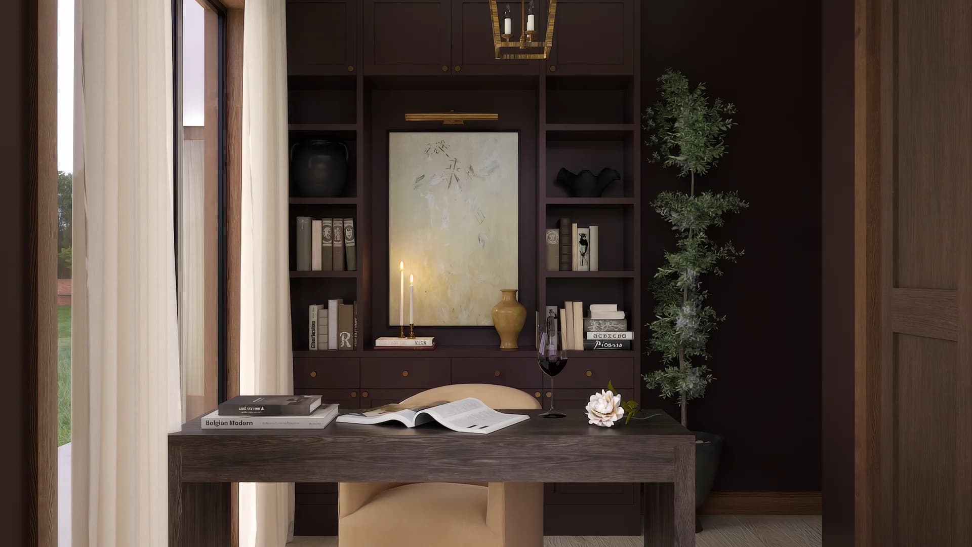 Home office alternate angle showing espresso built-in shelving with books and vases, gold lantern pendant, weathered desk with magazine, and natural light through curtained window