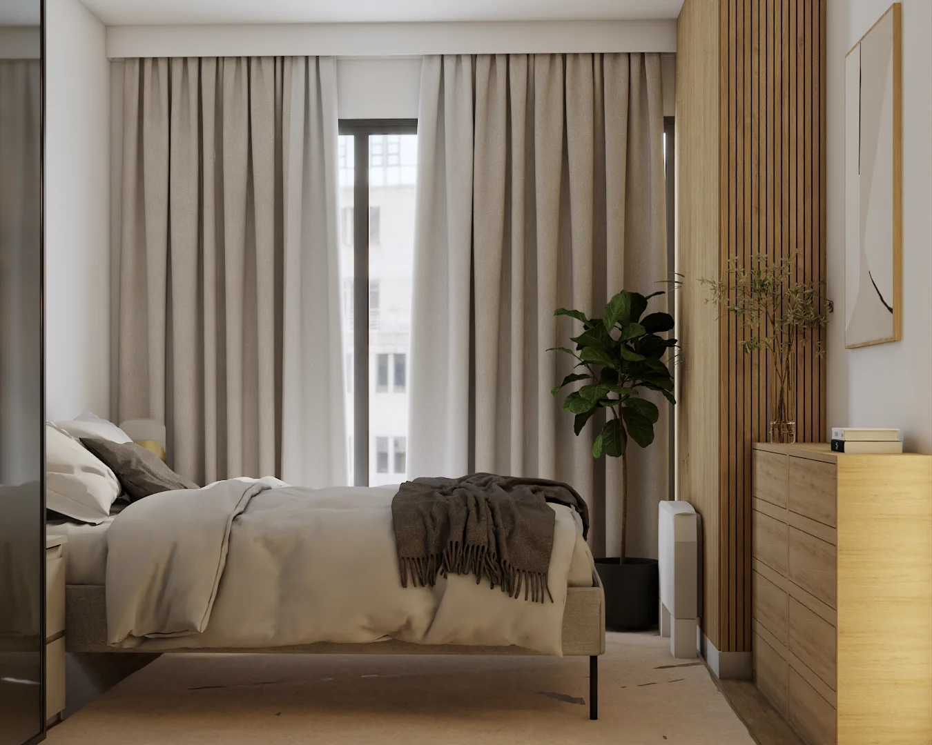 Bedroom with low cream bed, full curtains over window, oak dresser, and slat wall accent