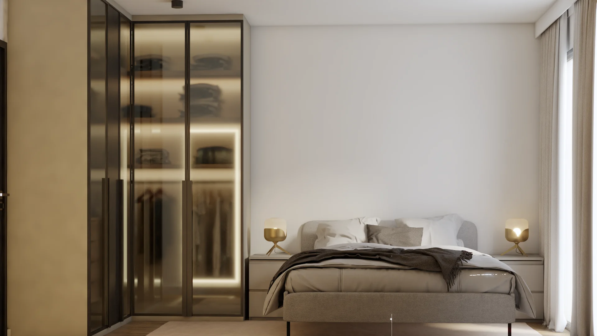 Bedroom with low platform bed, smoked-glass wardrobe, brass dome lamps, and warm wall texture
