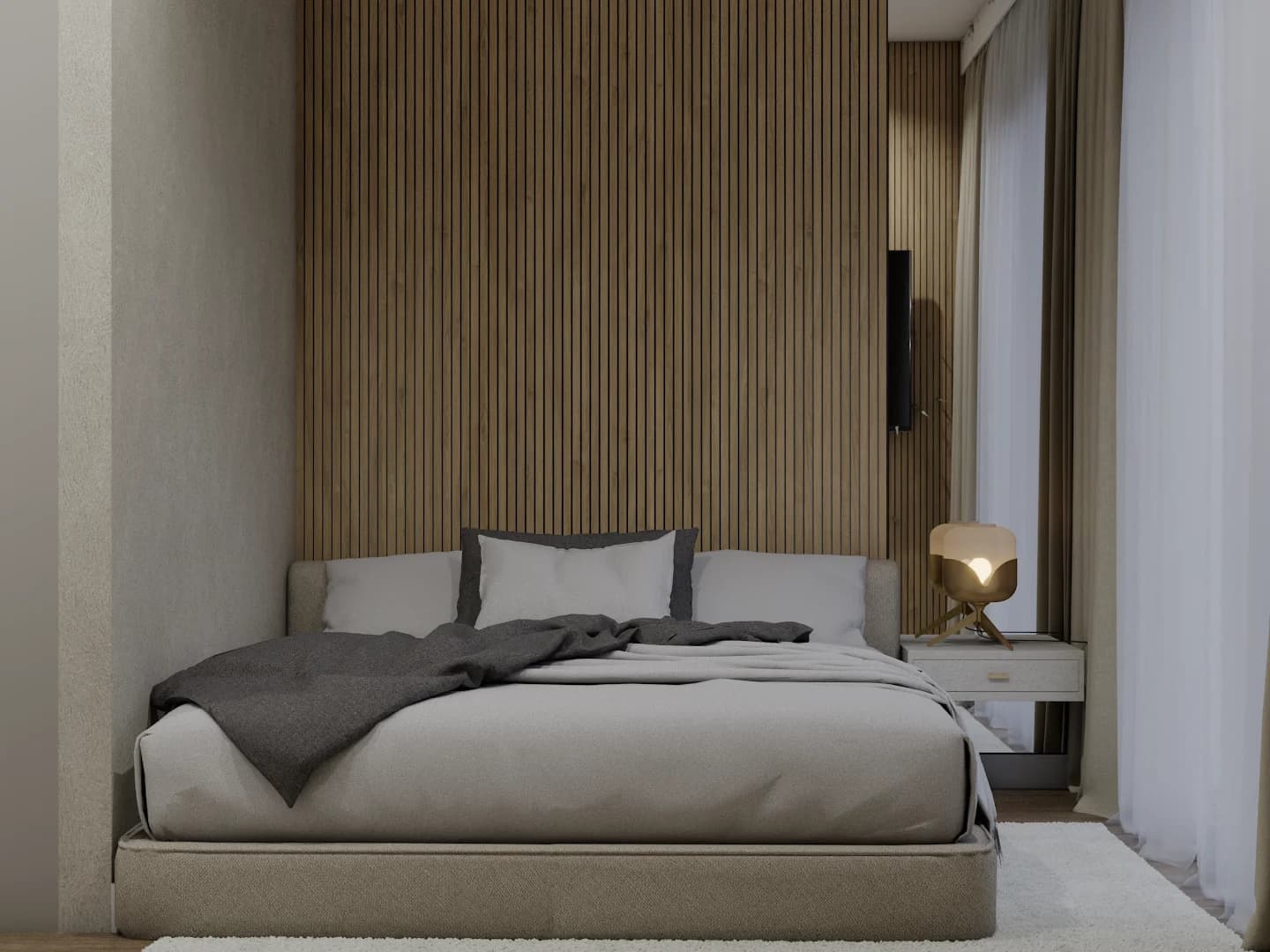 Bedroom with full oak slat headboard wall, cream platform bed, and brass dome bedside lamp