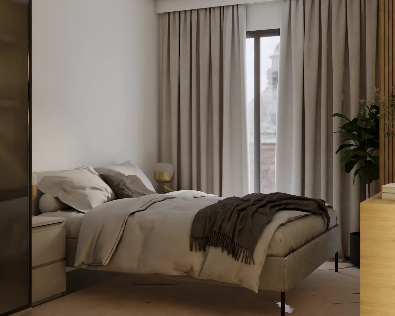 Bedroom with low cream bed, light curtains, balcony view, and oak nightstand at right