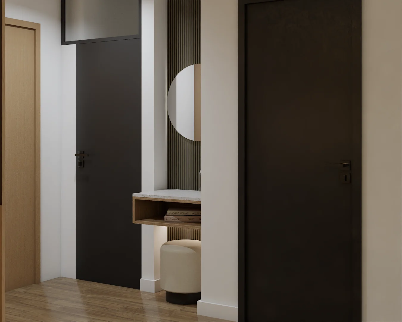 Entry hallway with black doors flanking a slat-wall niche with round mirror, console, and pouf