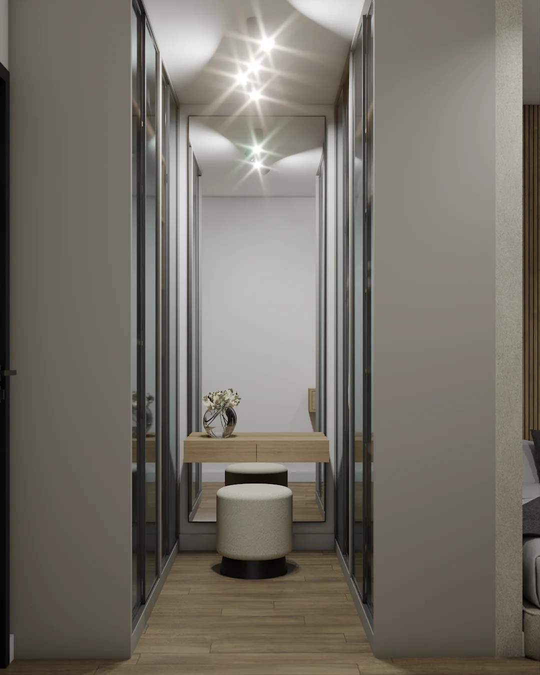 Hallway vanity niche with floating oak console, round mirror, pouf stool, and ceiling stars