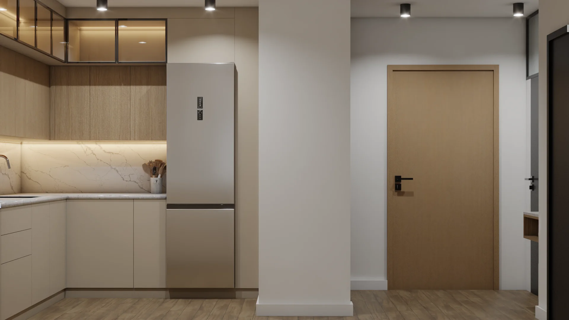 Light oak kitchen with stainless fridge, marble splash, and oak entry door beside white wall