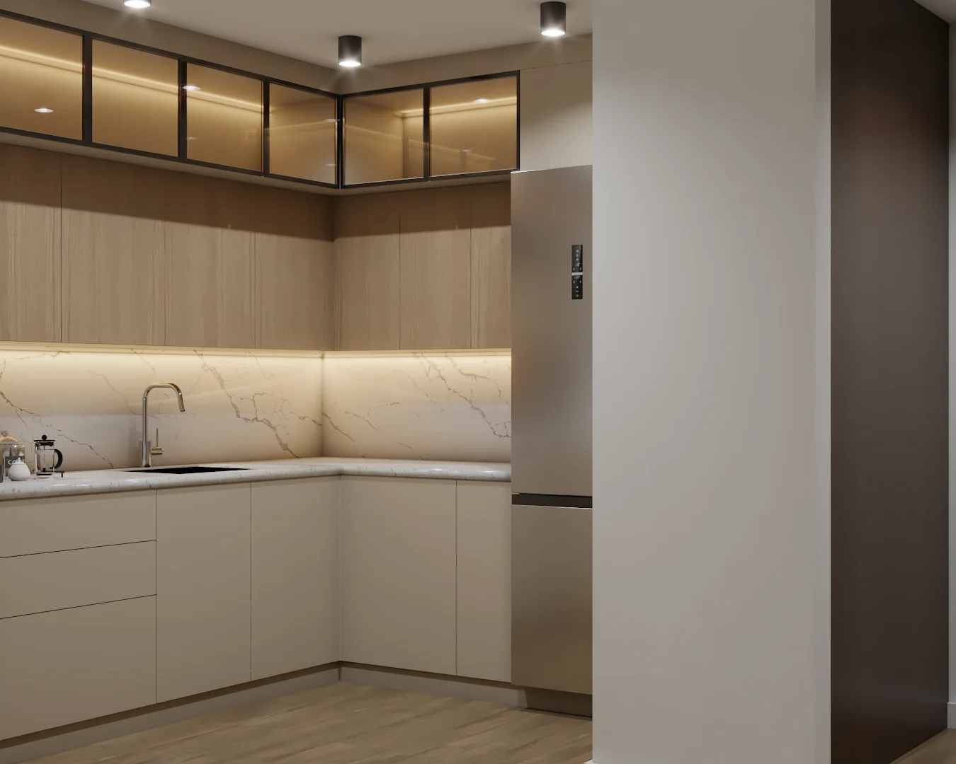 L-shape kitchen with light oak uppers, beige cabinets, marble backsplash, and stainless fridge