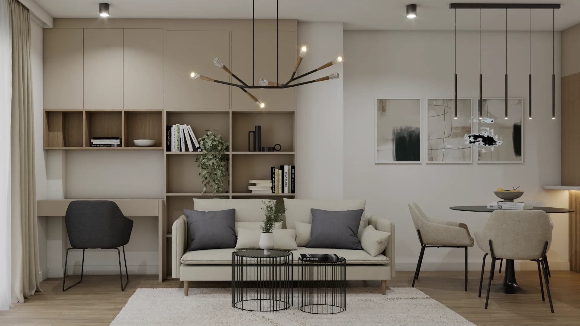 Cream sectional under branch chandelier with built-in shelving and reading desk in living room