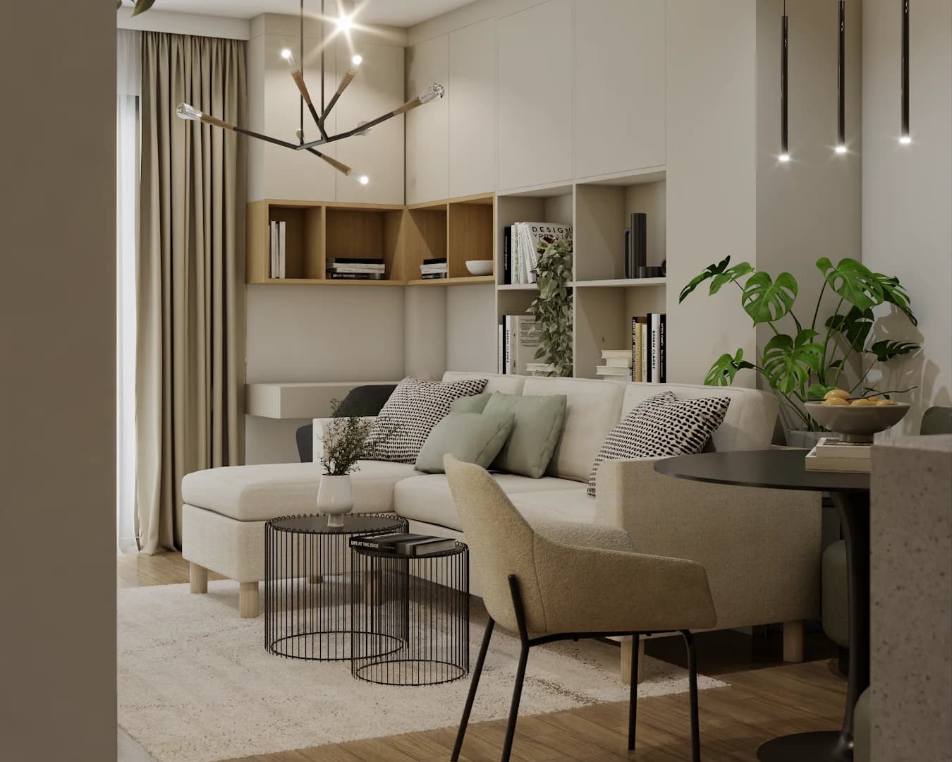 Living room with cream sectional, branch chandelier, leather sling chair, and gallery shelf wall