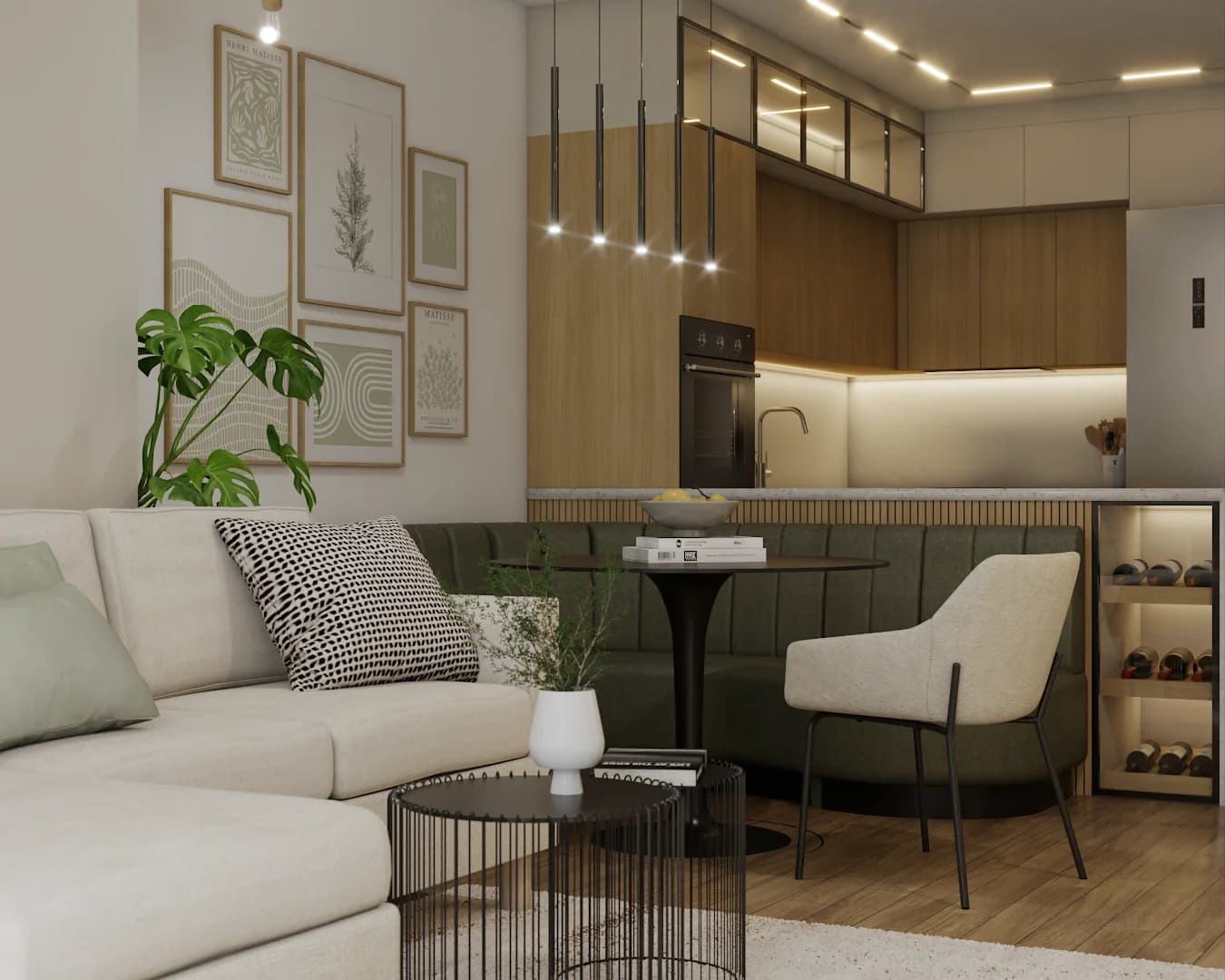 Cream sectional, sage velvet banquette dining, and open wood kitchen with brass pendants