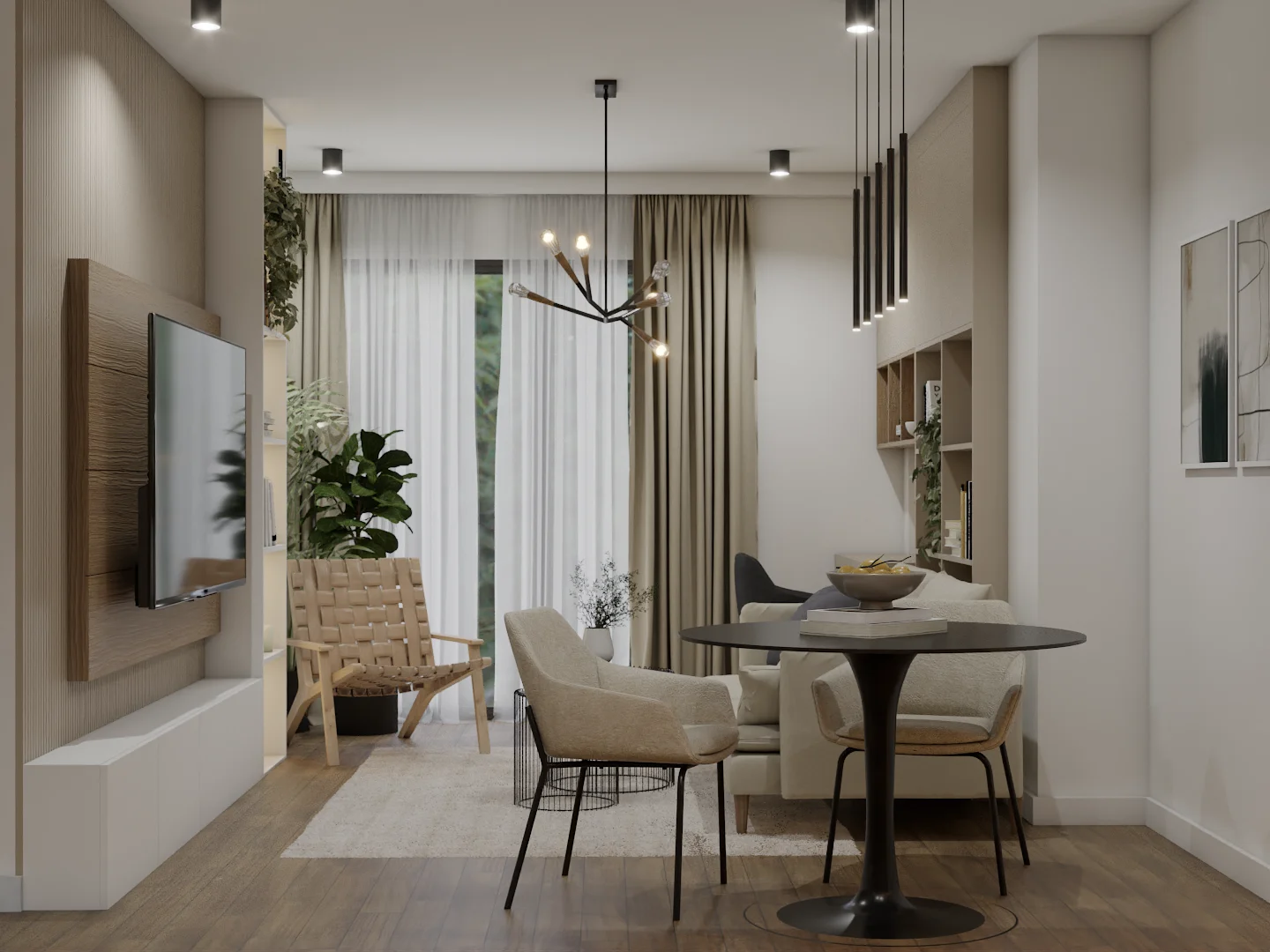 Round dining table with boucle chair, branch chandelier, and floor-to-ceiling balcony curtains