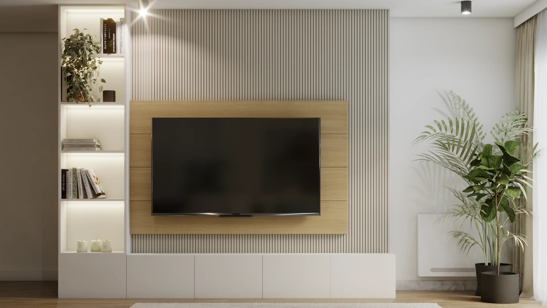 Mounted TV on oak slat panel with floating book niches and tall palm in cream lounge