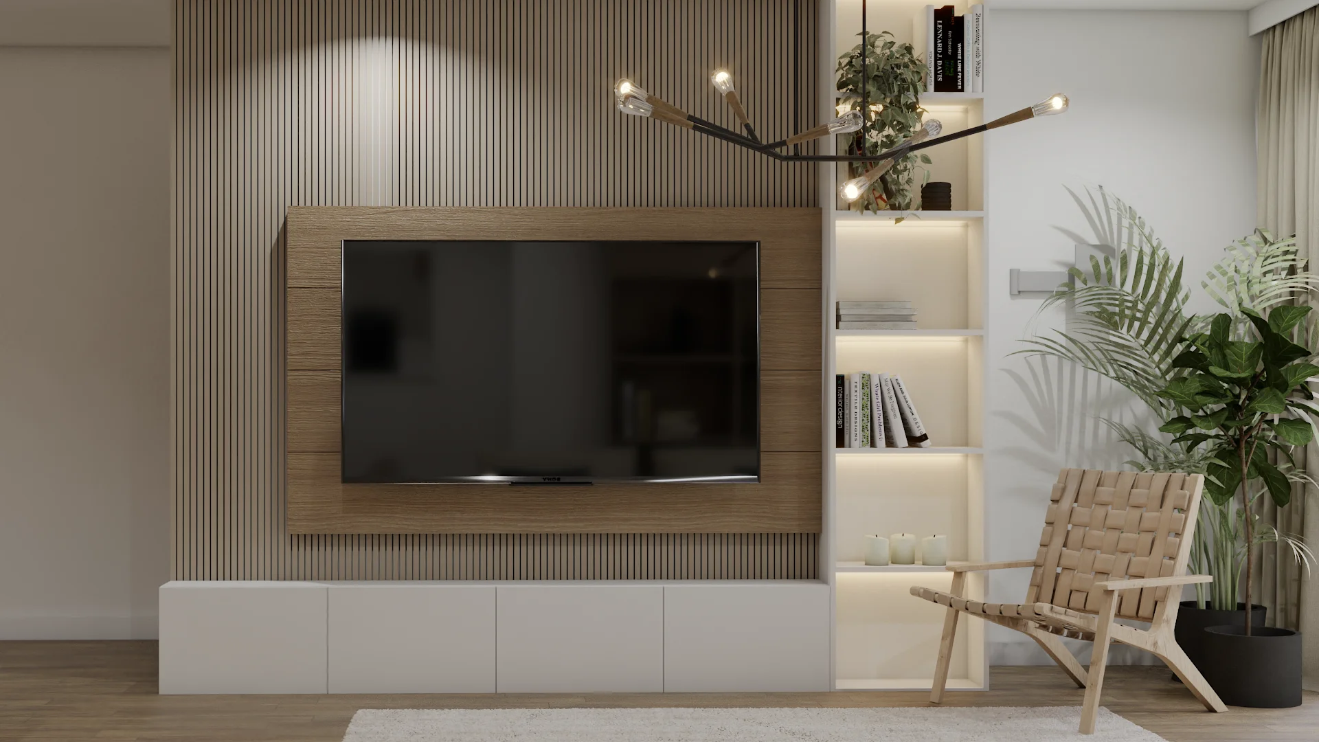 TV mounted on wood-framed slat panel beside lit shelving and woven leather sling chair