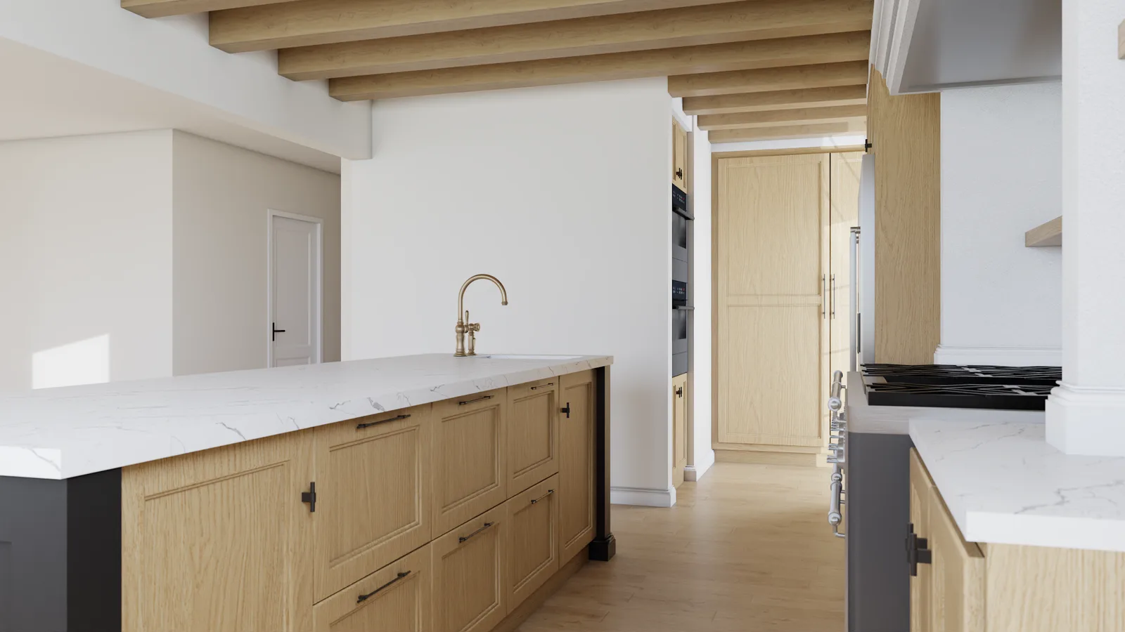 Kitchen island with marble countertop, brass bridge faucet, black plinth base, and oak beams above