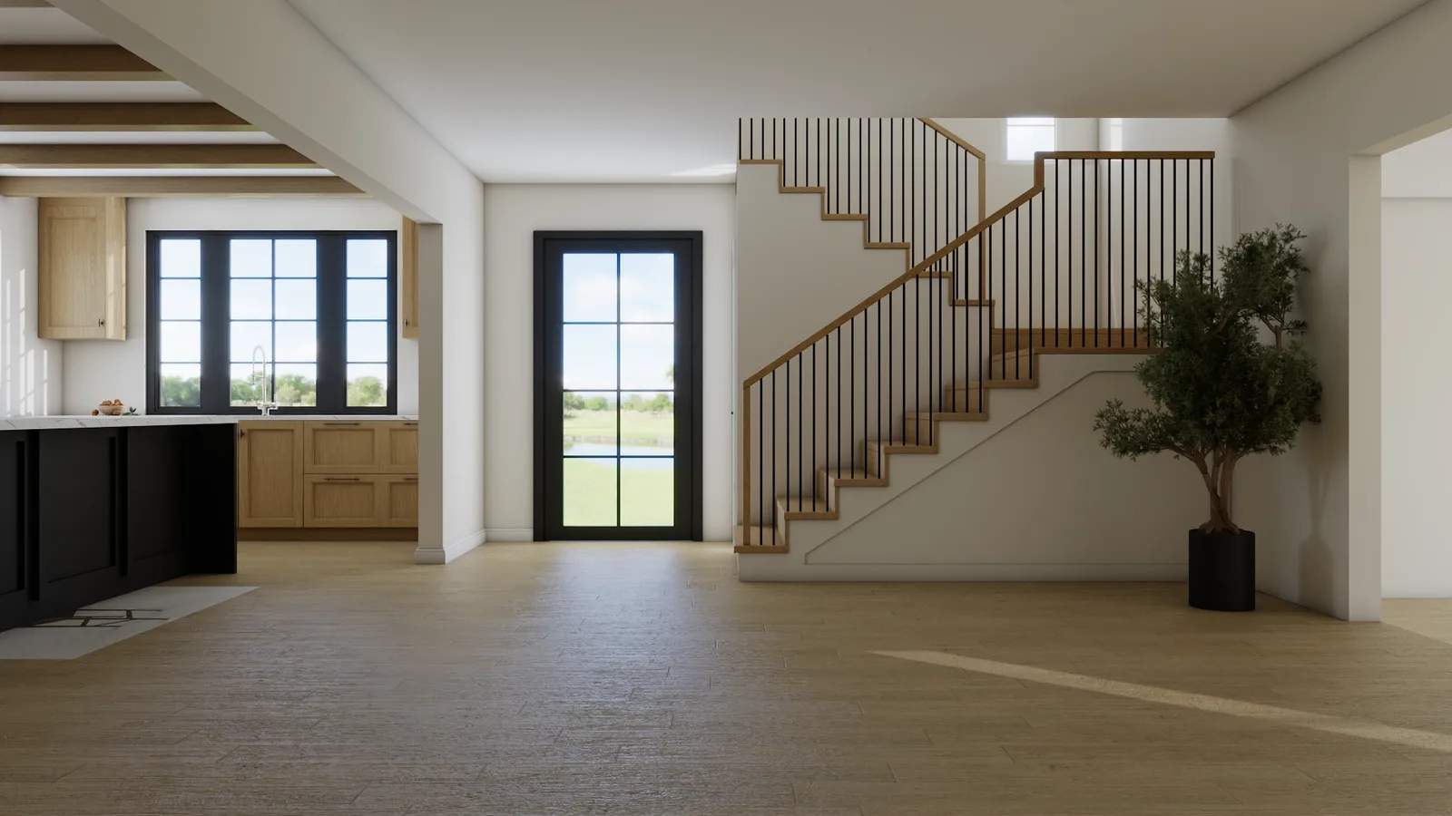 Living room with beam ceiling, floating staircase, black metal railing, and large windows