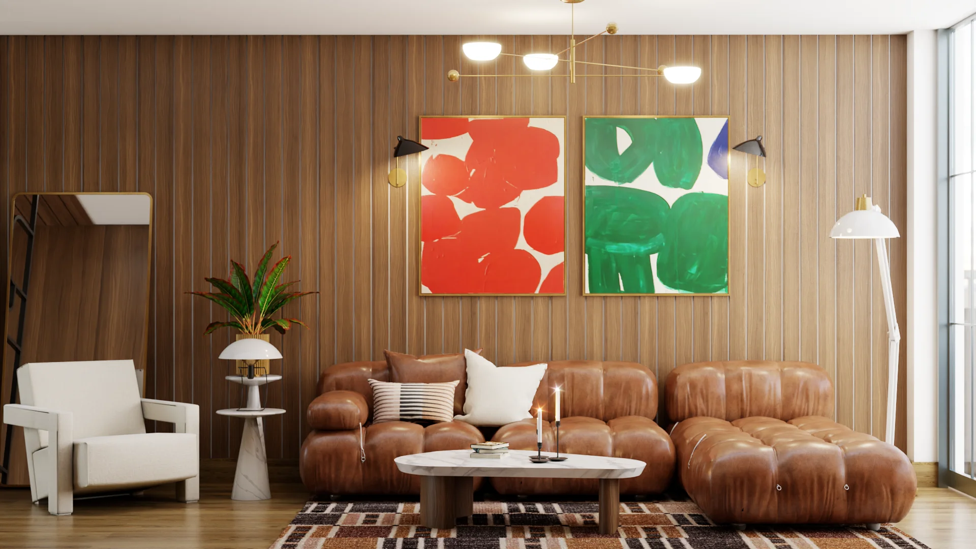 Mid-century modern living room with tufted brown leather sectional sofa, round marble coffee table, white lounge chair, wood-paneled accent wall, bold red and green abstract art prints, and brass chandelier