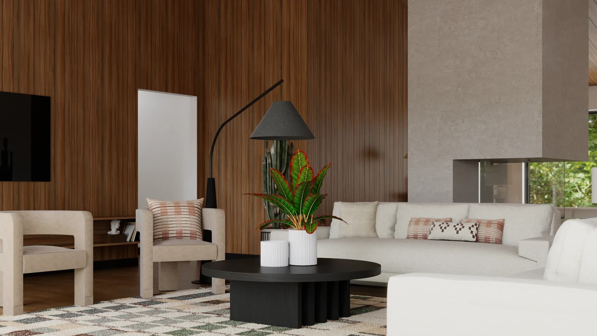 Cream barrel chairs flanking black coffee table on kilim rug, arc floor lamp, plaster fireplace alcove, and walnut media wall